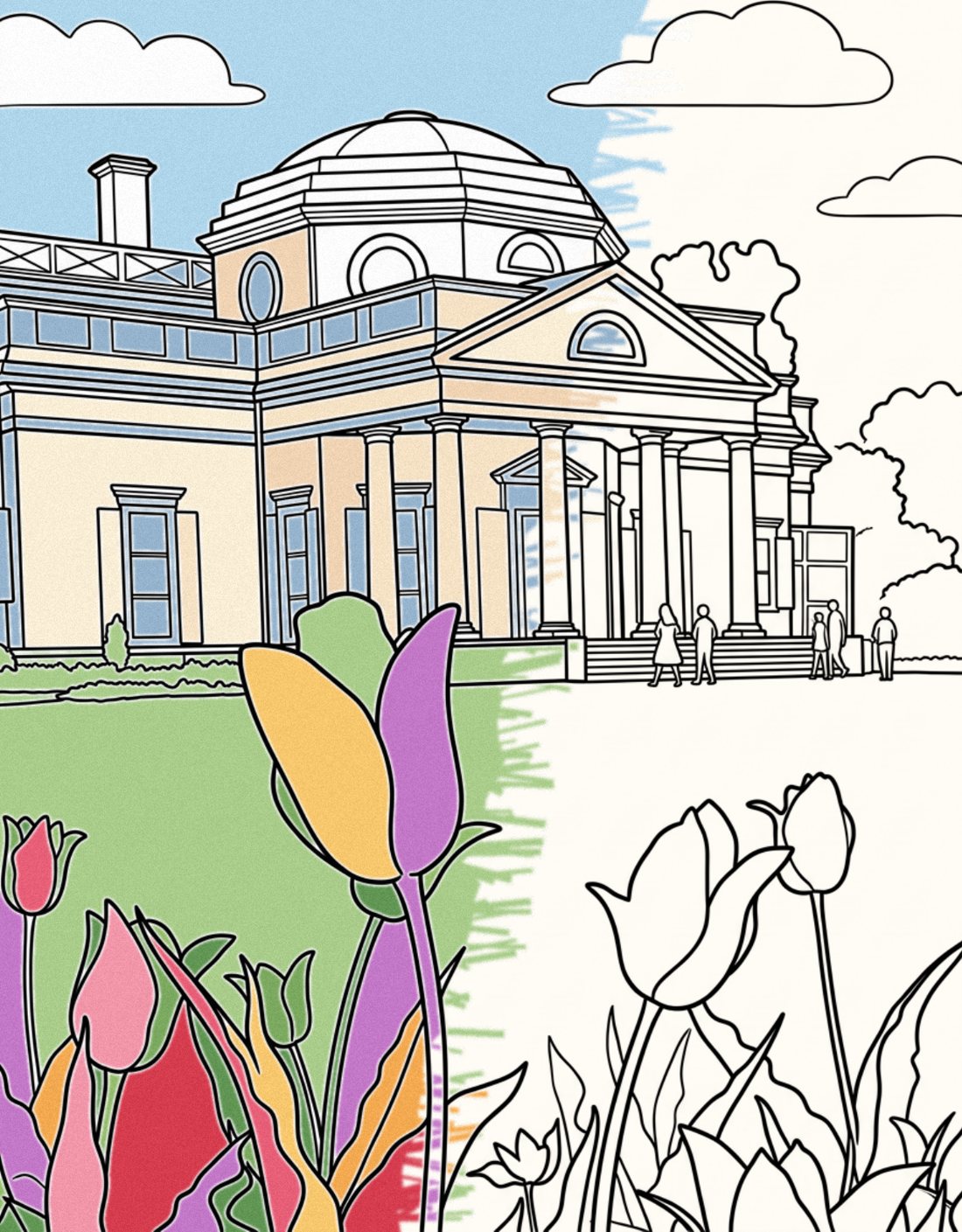 A coloring page of Monticello with tulips, half colored in with crayon and half still black-and-white line art
