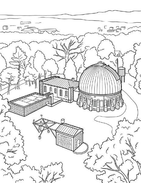 Domed observatory on a wooded hill coloring page